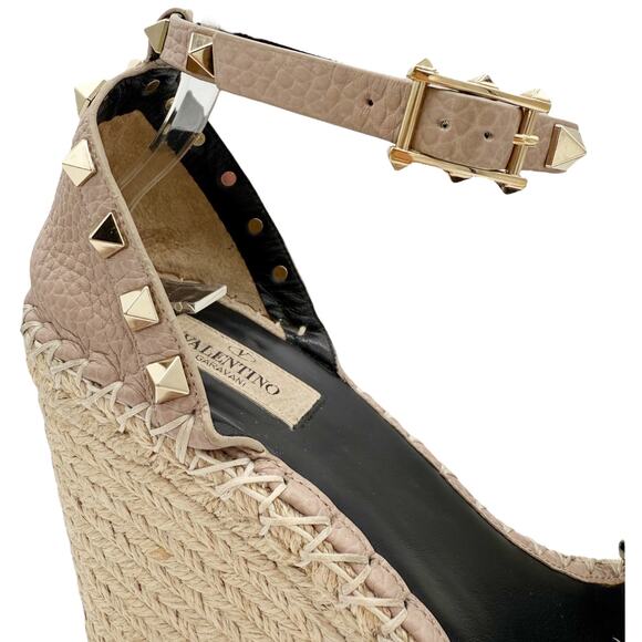 Valentino Rockstud Espadrille Wedge Sandals Nude Poudre Leather Size 40 US 10 - Picture 5 of 15